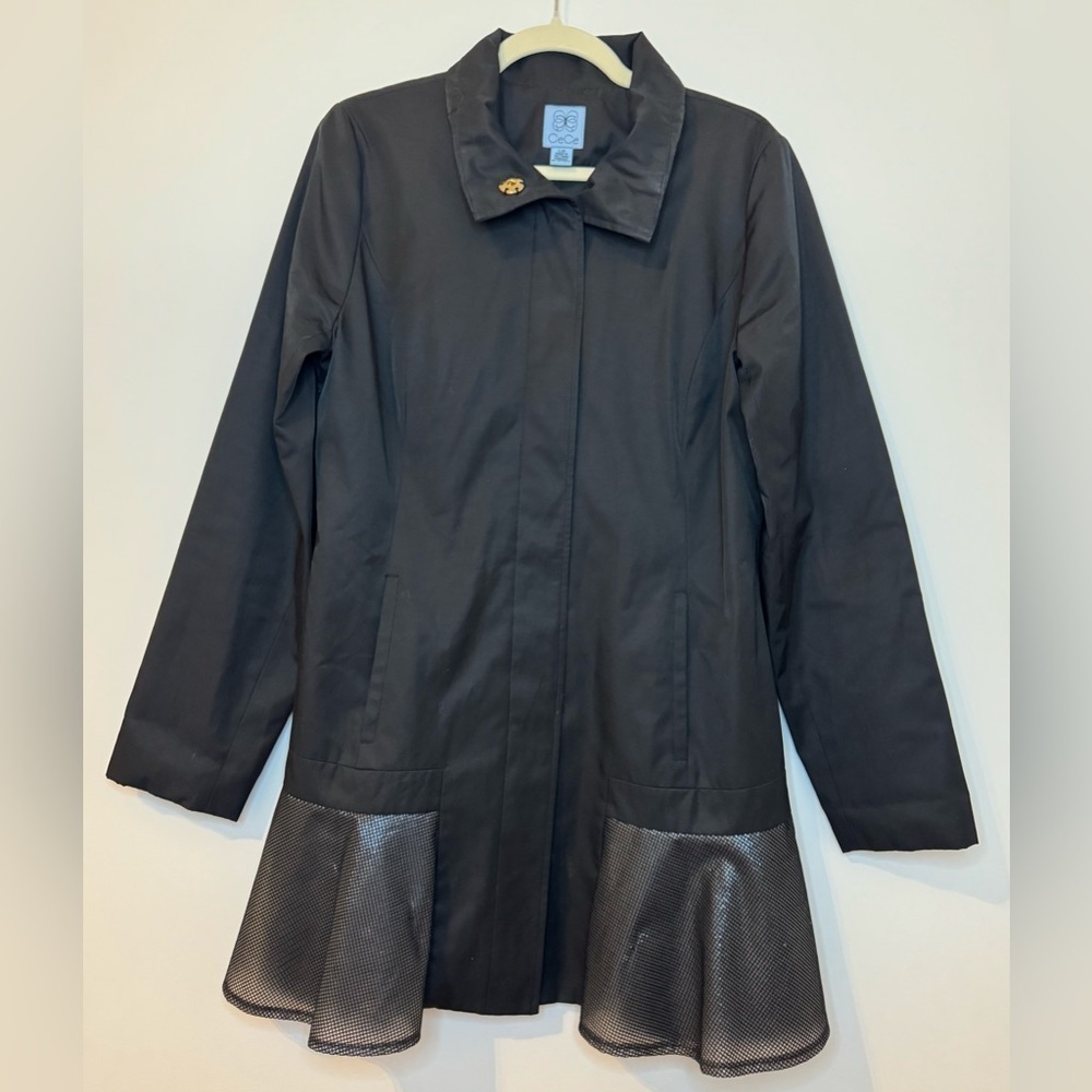 NEW CeCe Women’s Black Rain Jacket with Metallic Mesh Ruffle Hem Size L